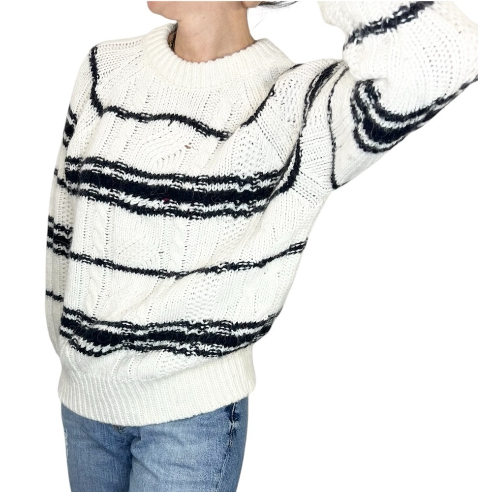 Anthro Elsamanda Italy alpaca blue white stripe chunky knit crew neck sweater XL